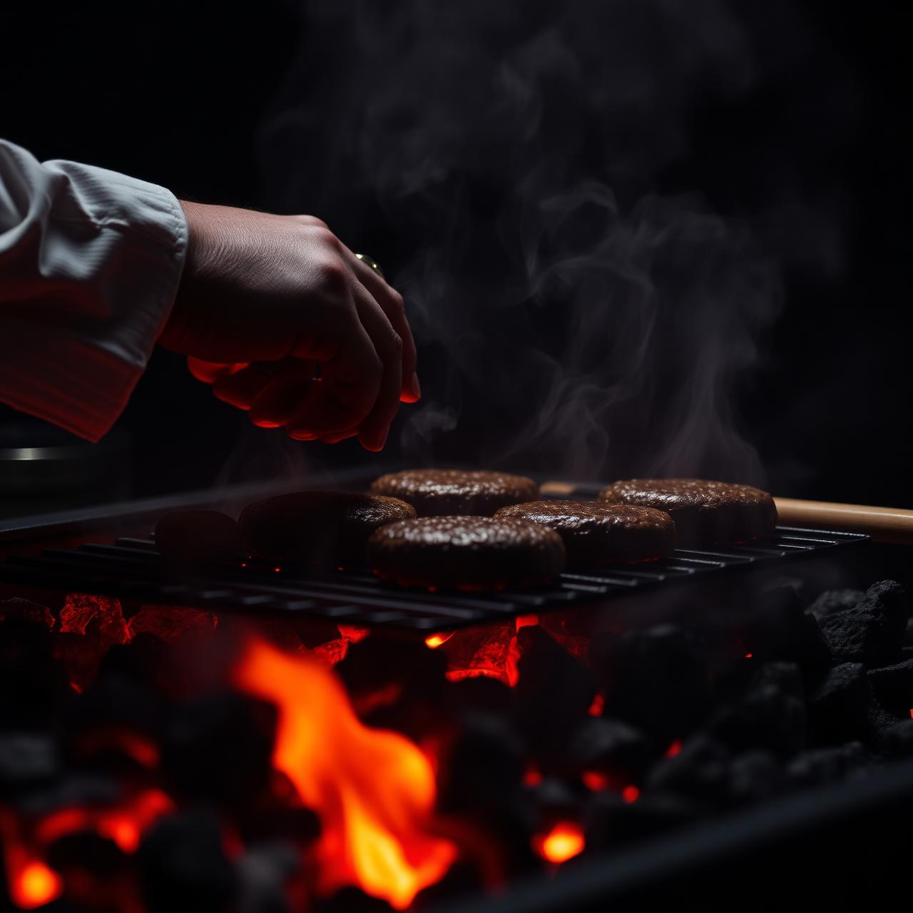 Chef preparando hamburguesas al carbón